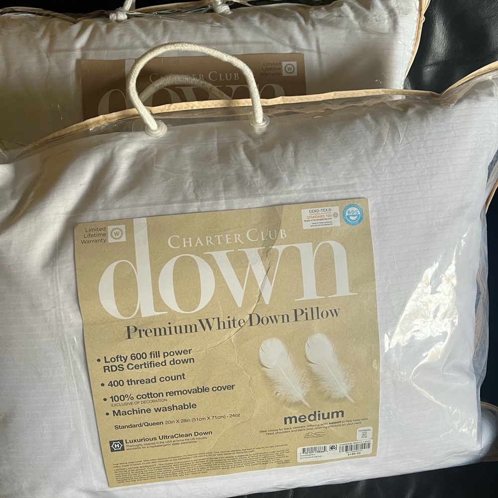 Charter club bundle down pillows  soft support and medium support queen